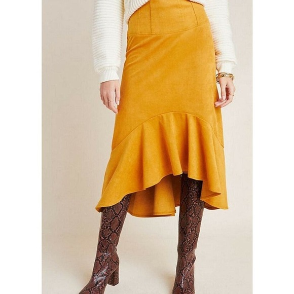 Anthropologie Maeve Orange Flounced Faux Suede Midi Skirt High-low Hem Size 6 - Picture 3 of 12